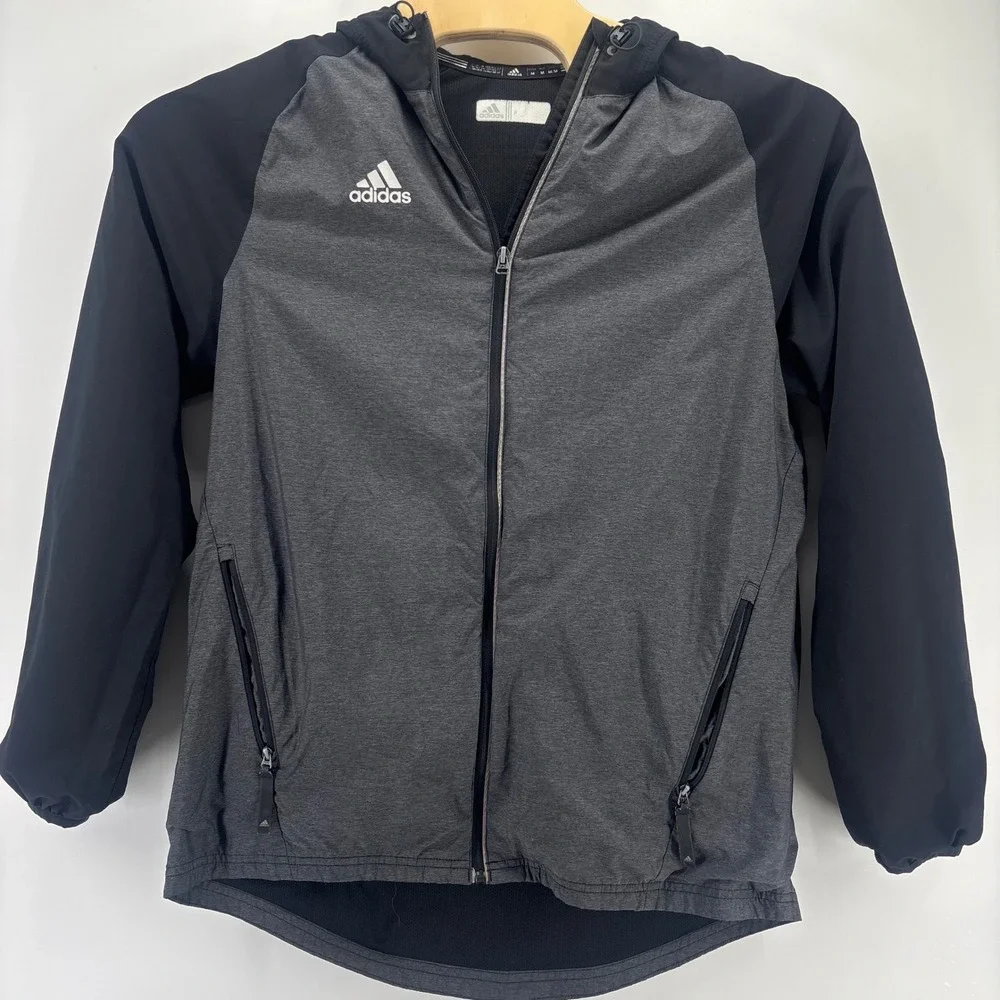 Adidas Windbreaker Jacket Mens M Gray Black Hooded Full Zip 6704A 16 Athletic